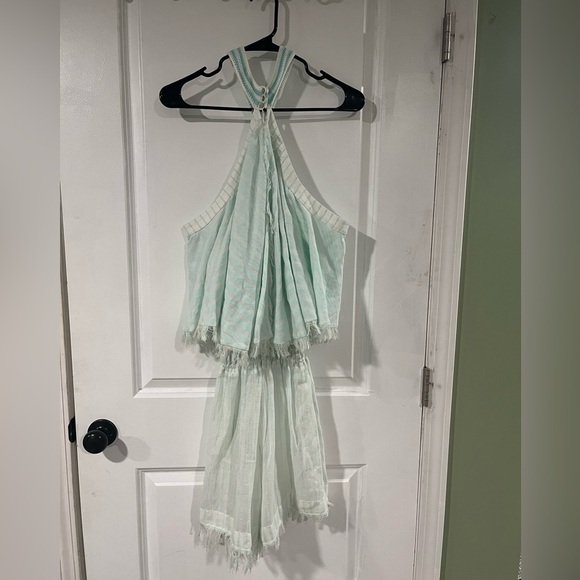 My Beachy Side Crochet Striped Halter Romper Teal - Picture 3 of 7